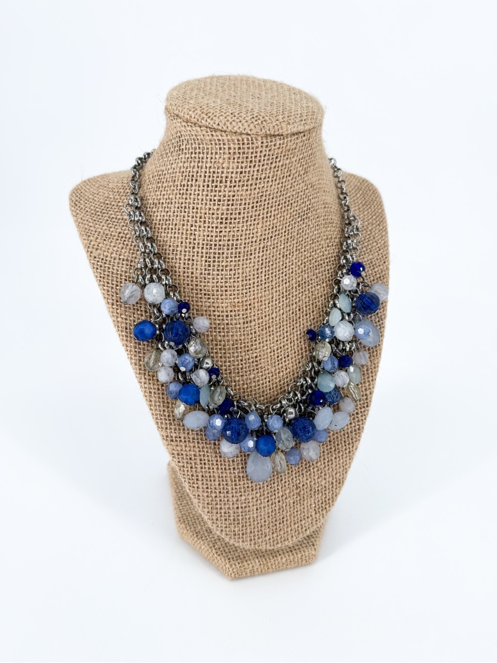 ☀️ 3/$25 Chunky Blue Silver Beaded Multi Strand Statement Necklace